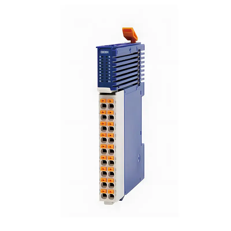 A blue and white BM10-0808N expansion module with orange terminal blocks, photographed from the side against a white
