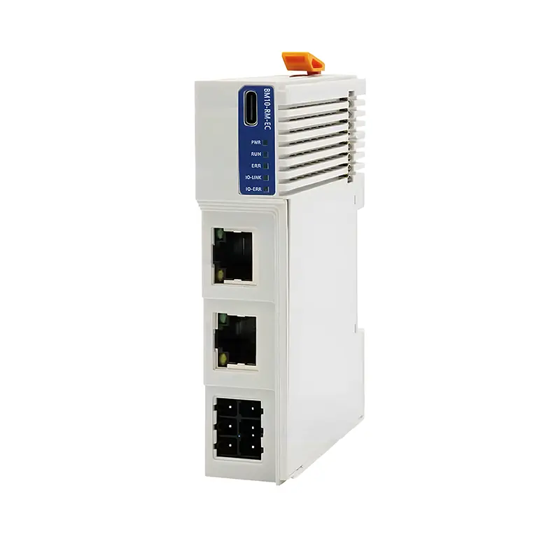 White BM10-RM-EC coupler with blue label and orange handle, photographed from the side against a white background