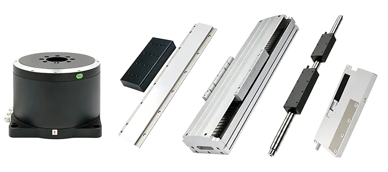 A black cylindrical direct-drive motor and silver linear actuators with black carriages on a white background.