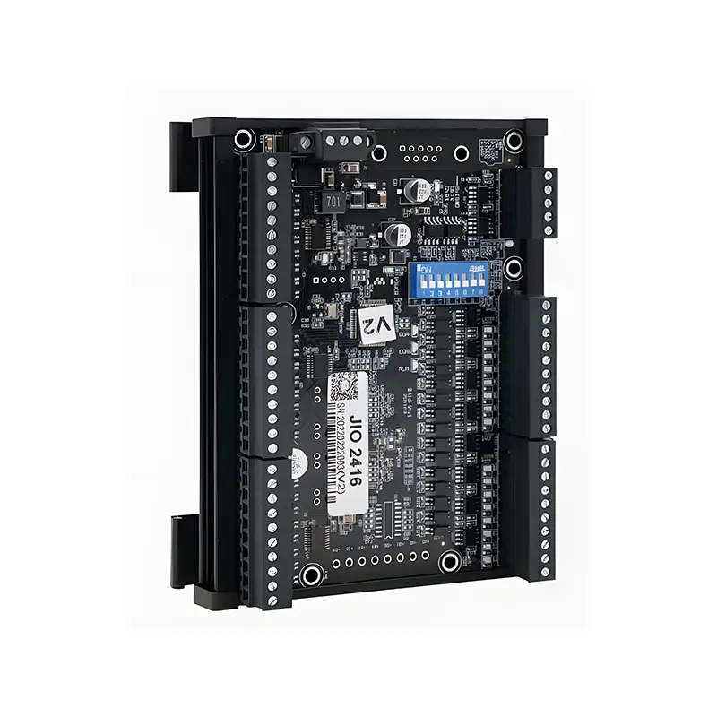 JIO2416 Expansion black circuit board with blue terminal block and white labels on white background