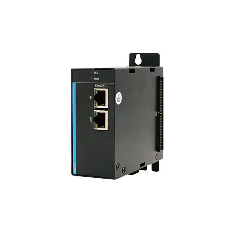A black JMC-ECT Coupler with blue stripe and two Ethernet ports, photographed from the side against a white background under