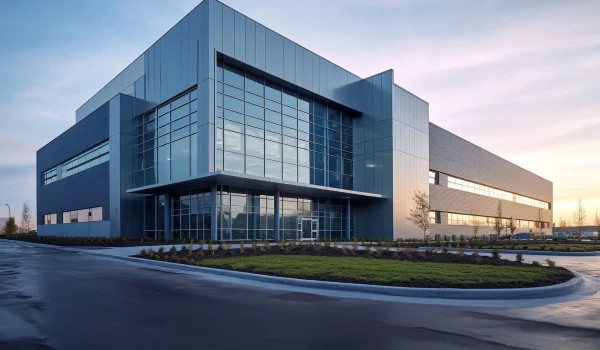 A modern blue-gray commercial building with large glass windows and metal siding, photographed from a low angle at sunset